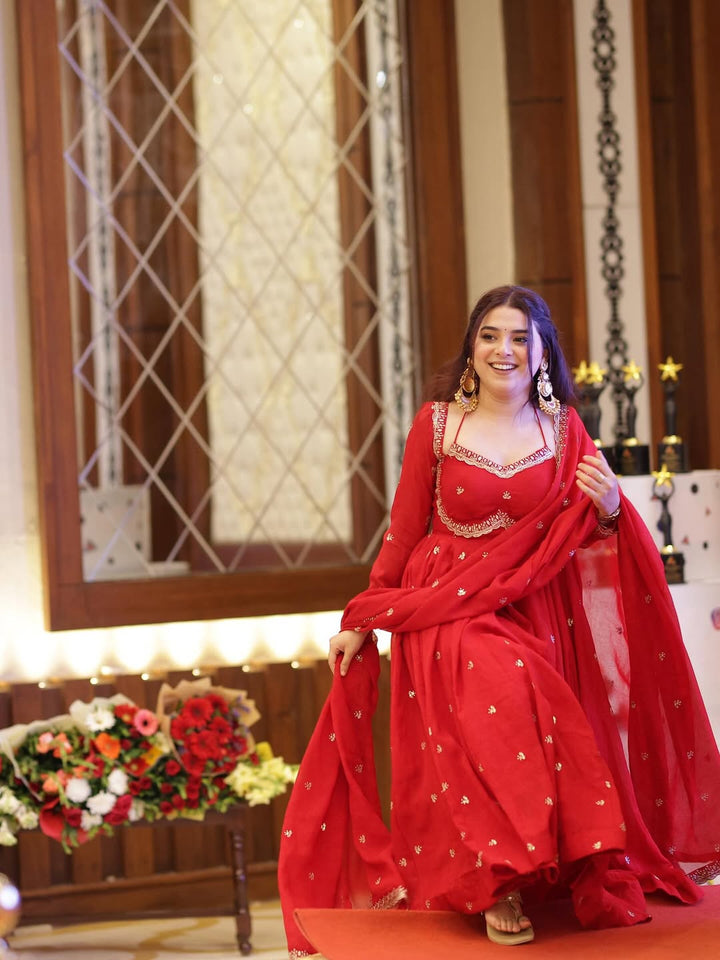 Festive Wear Red Anarkali Suit in Faux Georgette with Embroidered Dupatta & Matching Pant