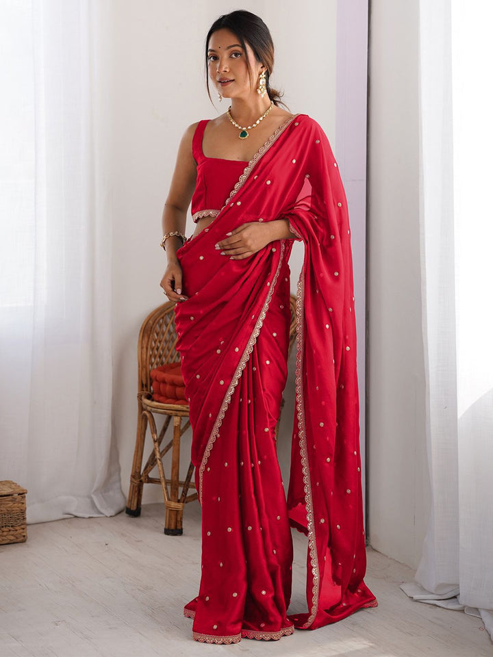 Royal Red Georgette Saree with Golden Zari Lace Border & Sequin Work – Elegant Party & Wedding Wear