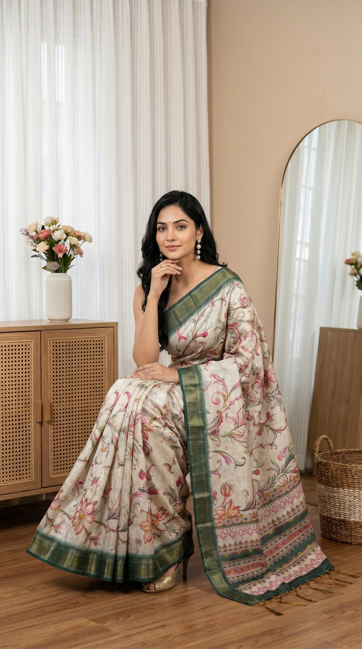 Off White Tissue Silk Saree with Floral Print & Green Zari Border