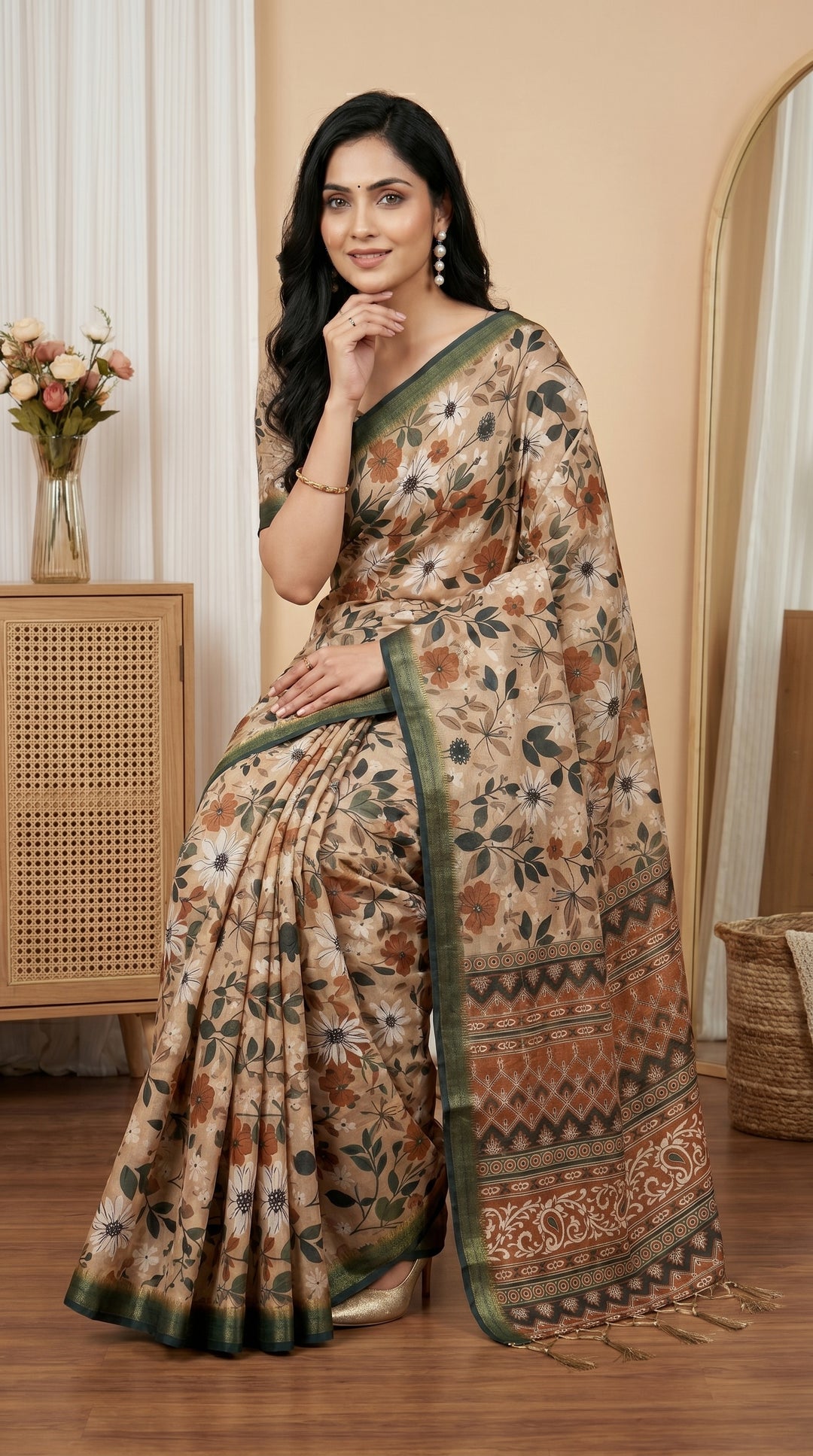 Beige Floral Tissue Silk Saree with Olive Green Border & Designer Pallu