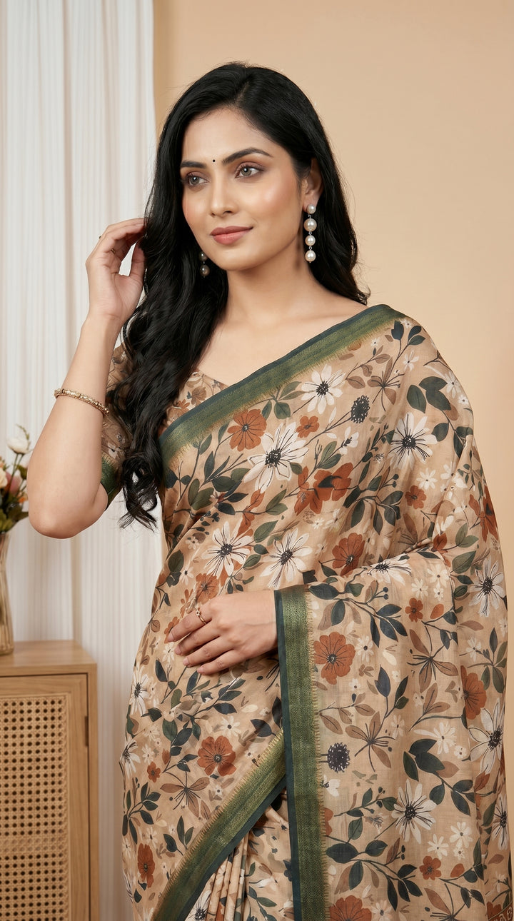 Beige Floral Tissue Silk Saree with Olive Green Border & Designer Pallu
