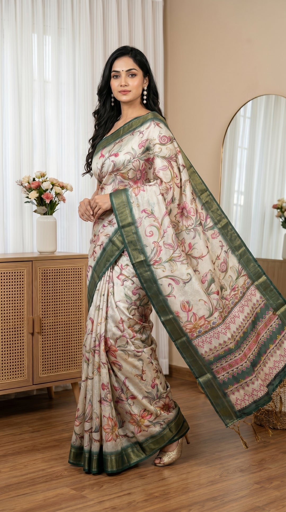 Off White Tissue Silk Saree with Floral Print & Green Zari Border