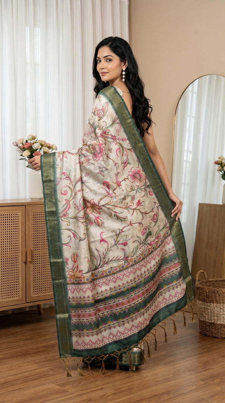 Off White Tissue Silk Saree with Floral Print & Green Zari Border