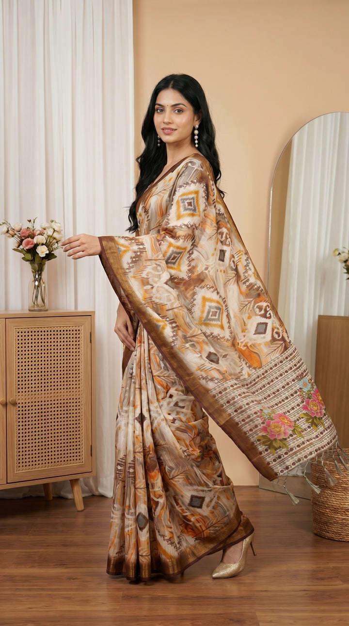 Cream Brown Tissue Silk Saree with Abstract Print & Designer Floral Pallu