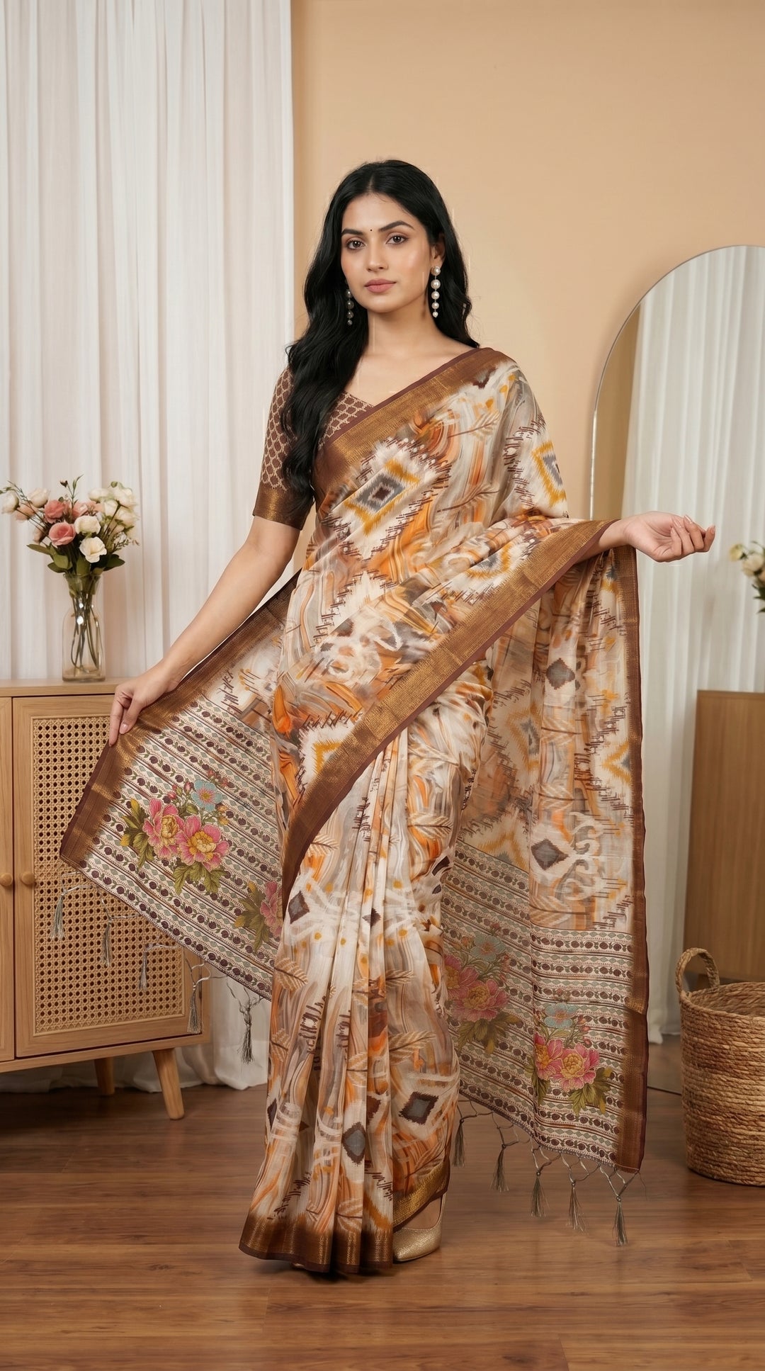 Cream Brown Tissue Silk Saree with Abstract Print & Designer Floral Pallu