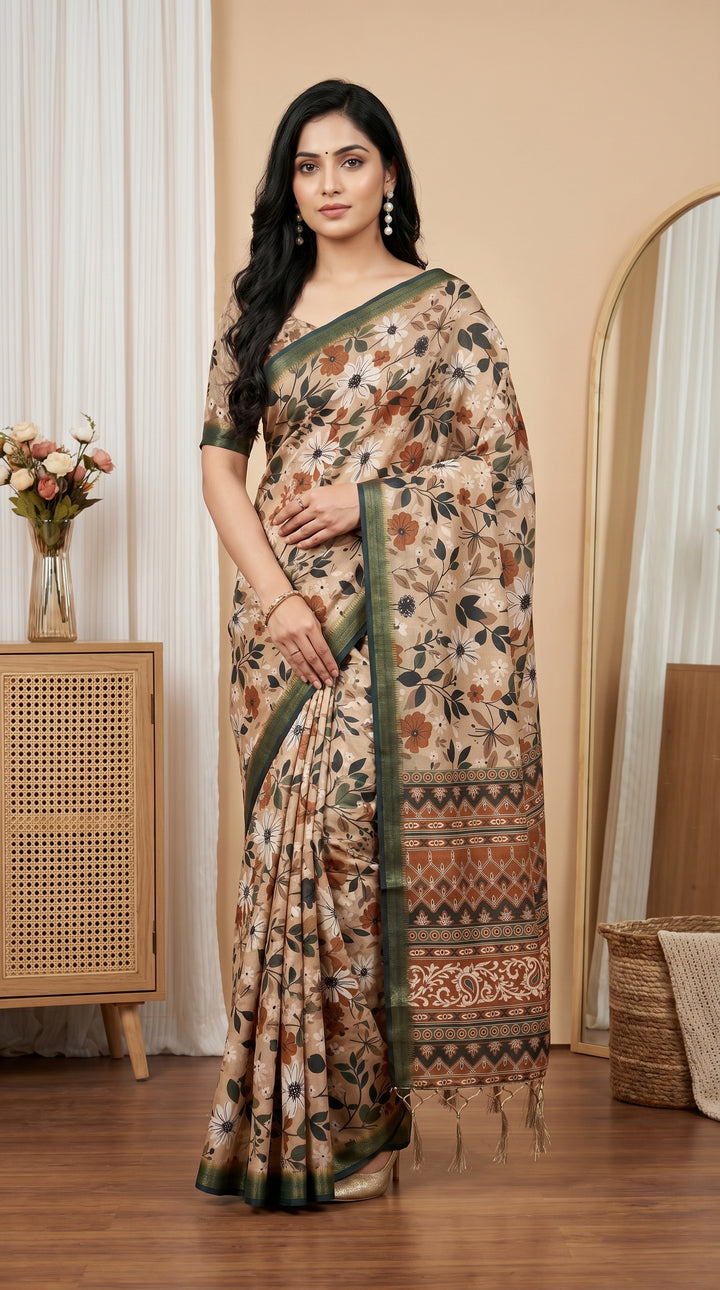 Beige Floral Tissue Silk Saree with Olive Green Border & Designer Pallu