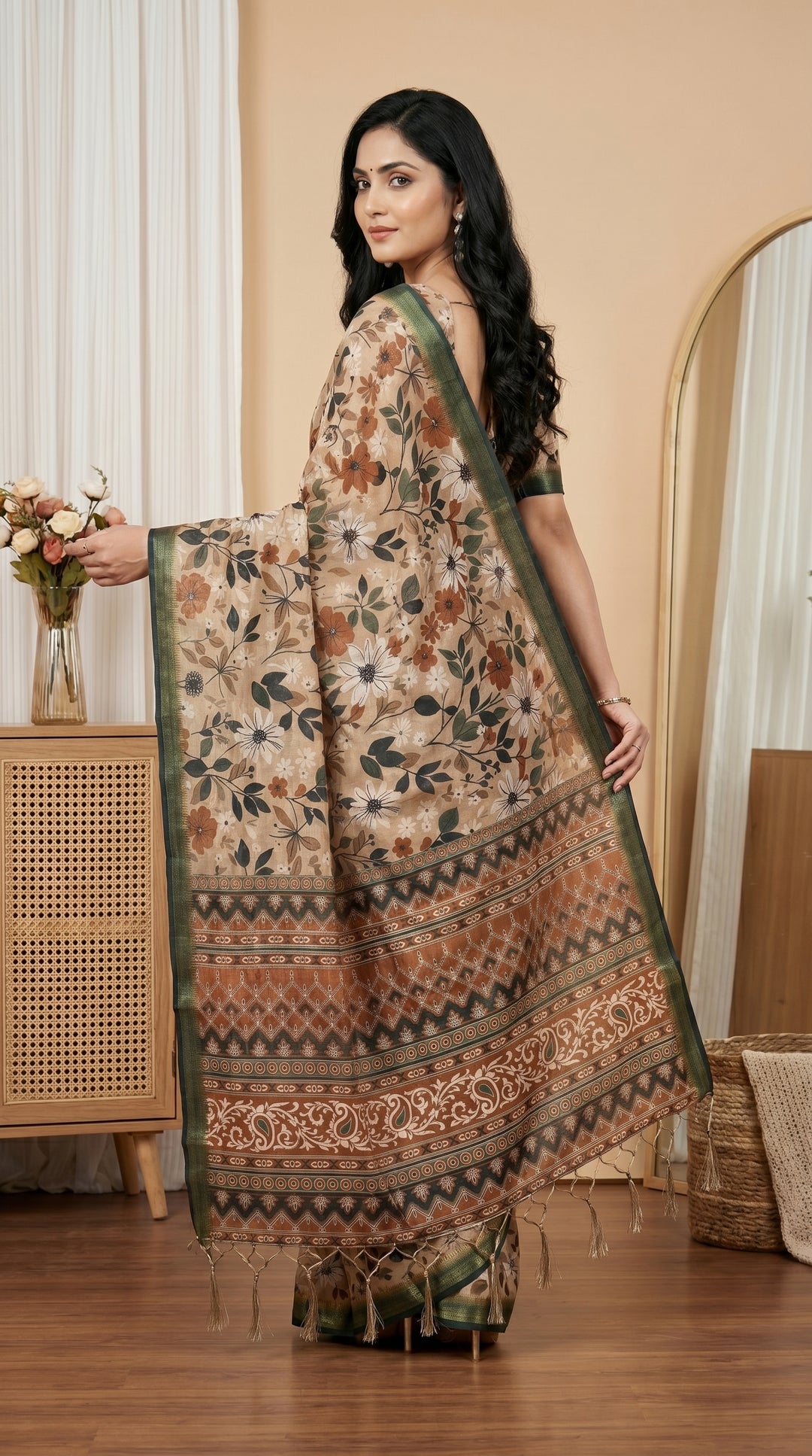 Beige Floral Tissue Silk Saree with Olive Green Border & Designer Pallu