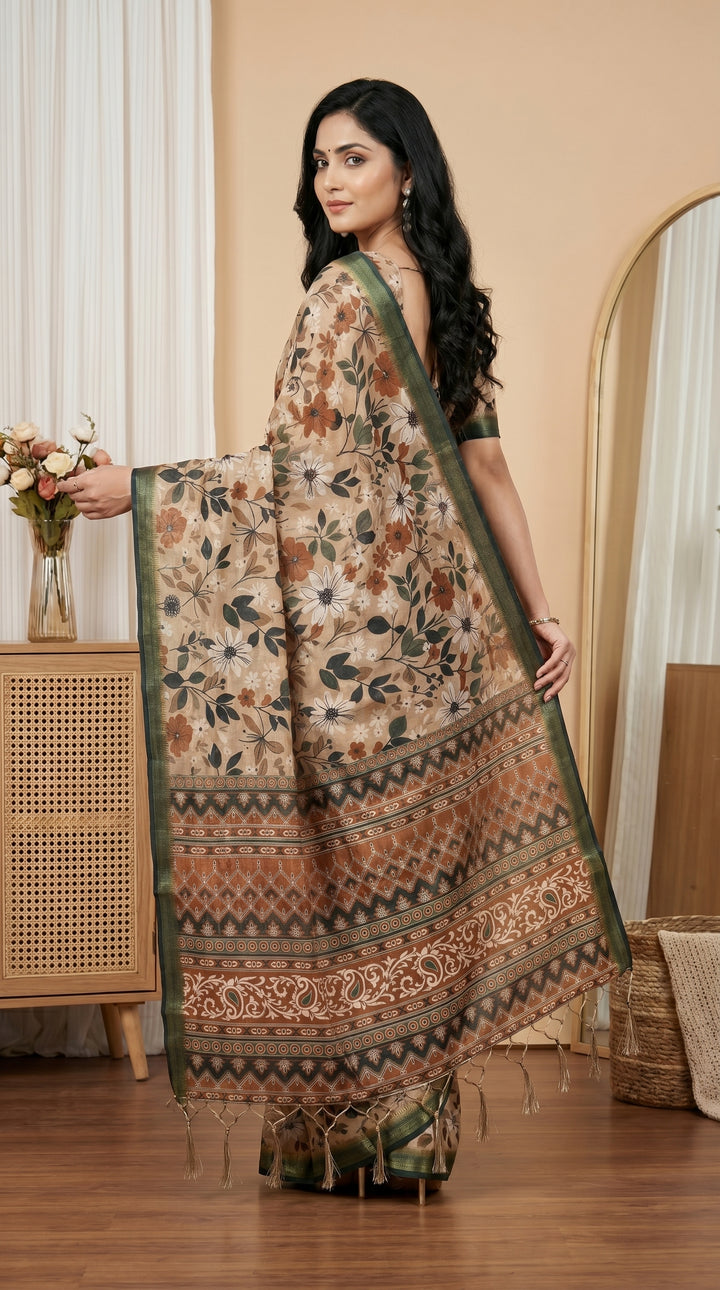 Beige Floral Tissue Silk Saree with Olive Green Border & Designer Pallu