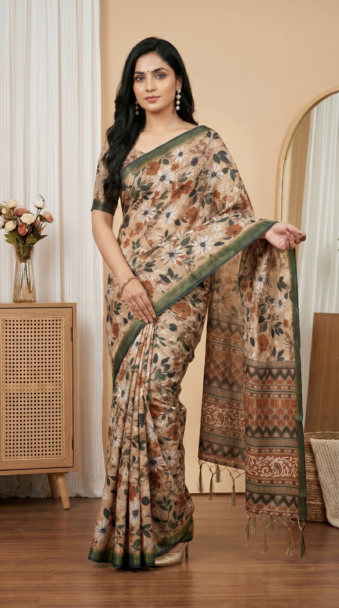 Beige Floral Tissue Silk Saree with Olive Green Border & Designer Pallu