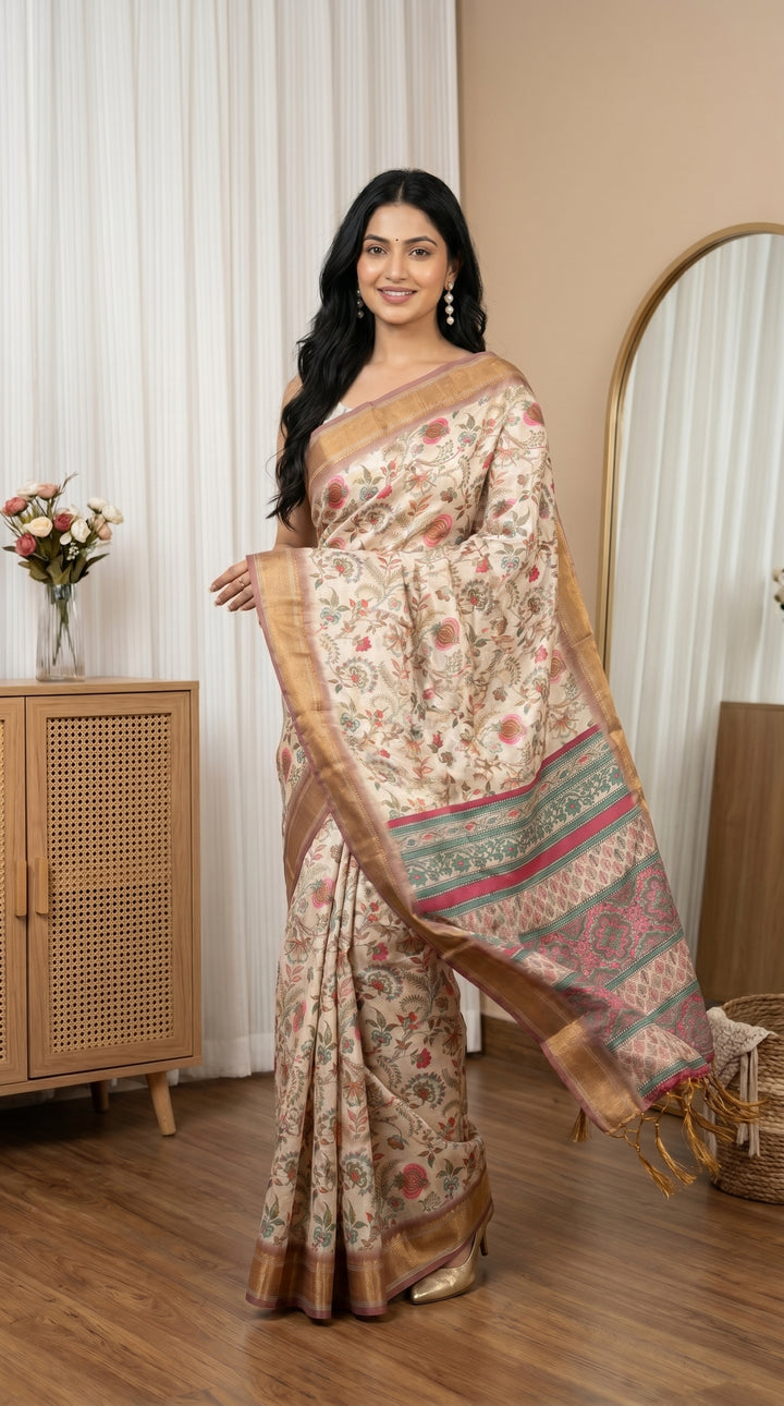 Elegant Floral Woven Tissue Silk Saree with Rich Zari Border