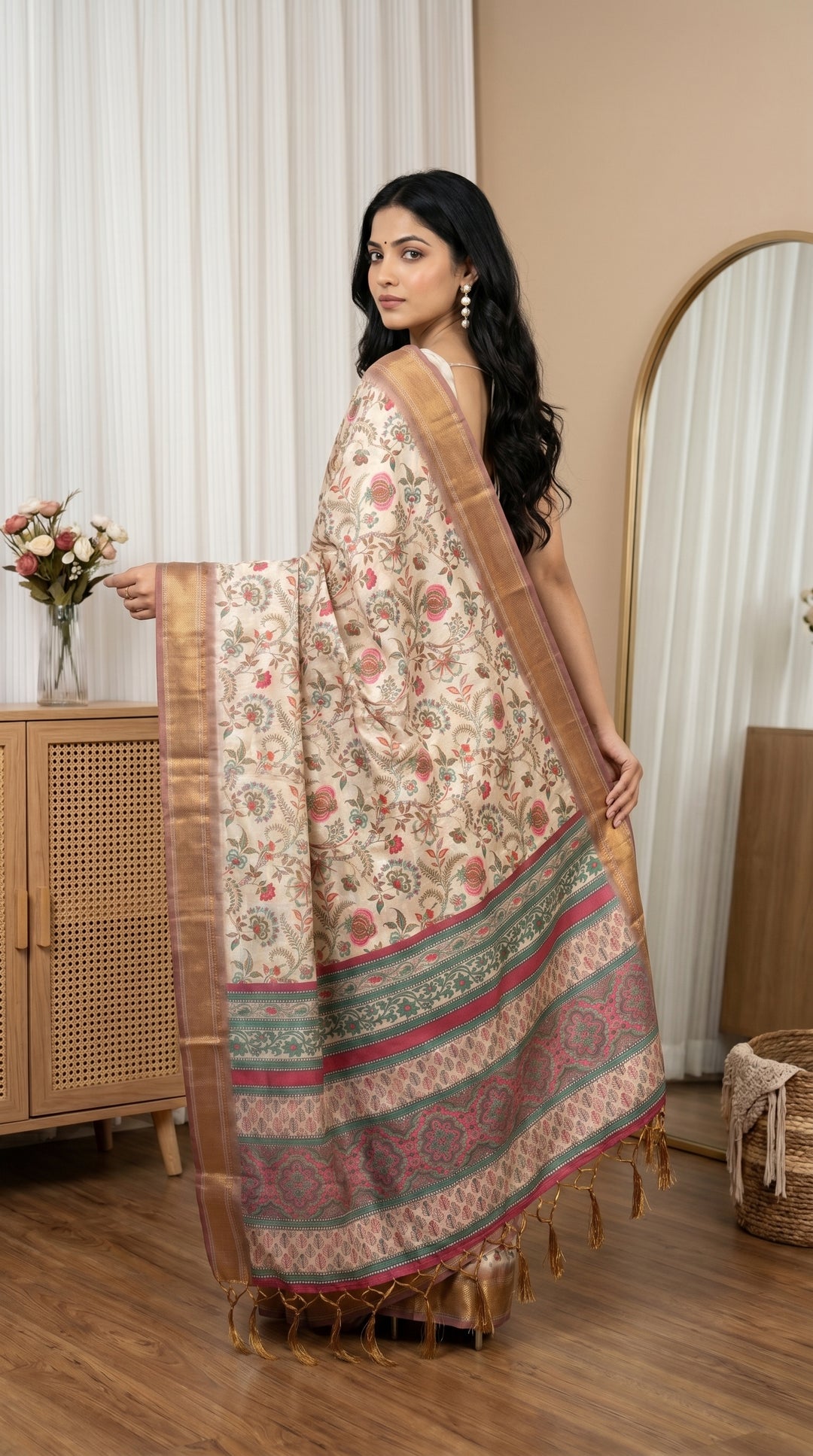 Elegant Floral Woven Tissue Silk Saree with Rich Zari Border