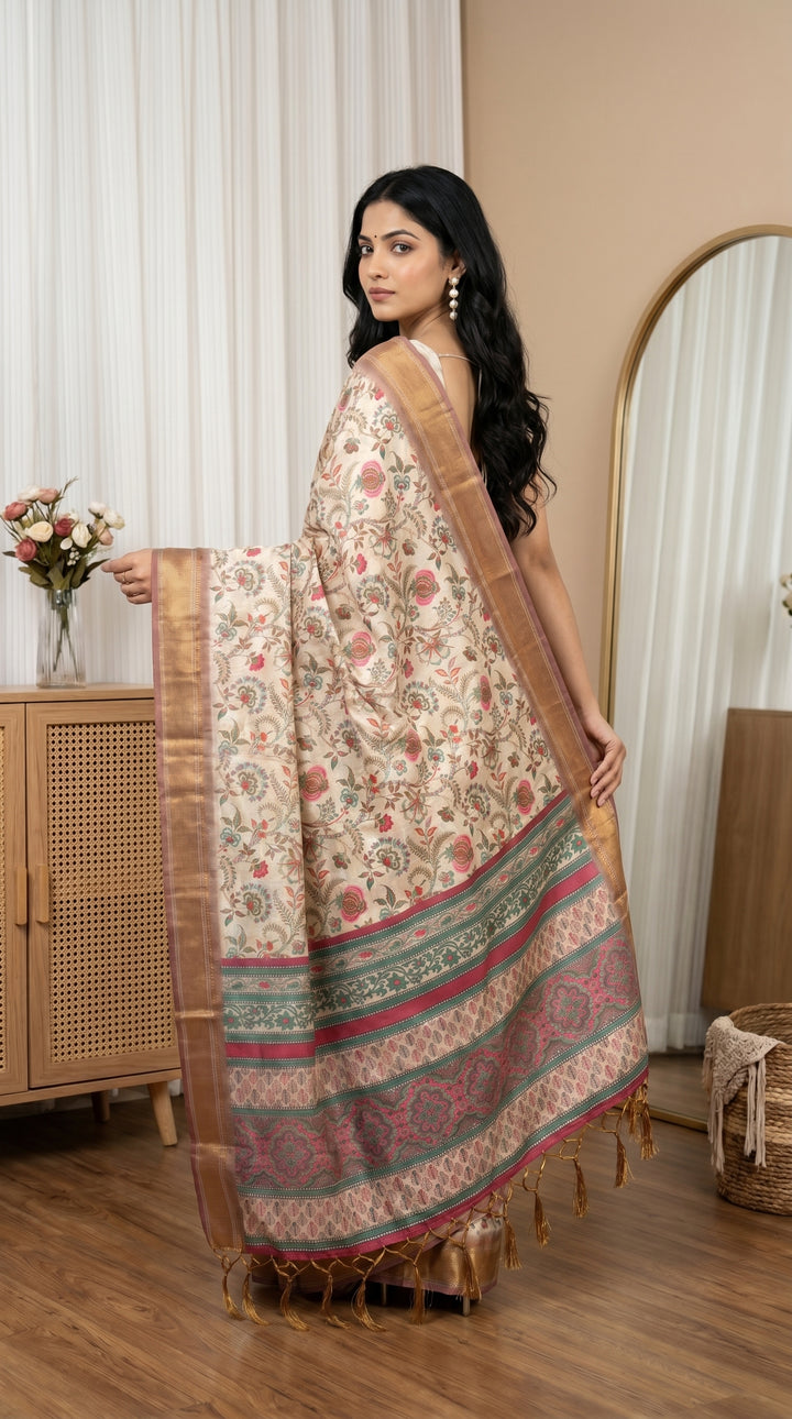 Elegant Floral Woven Tissue Silk Saree with Rich Zari Border