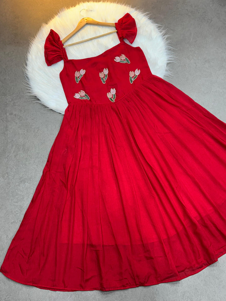 Red Vichitra Silk Handwork Maxi Dress with Beads & Kardana Embroidery Ethnic Party Wear Gown