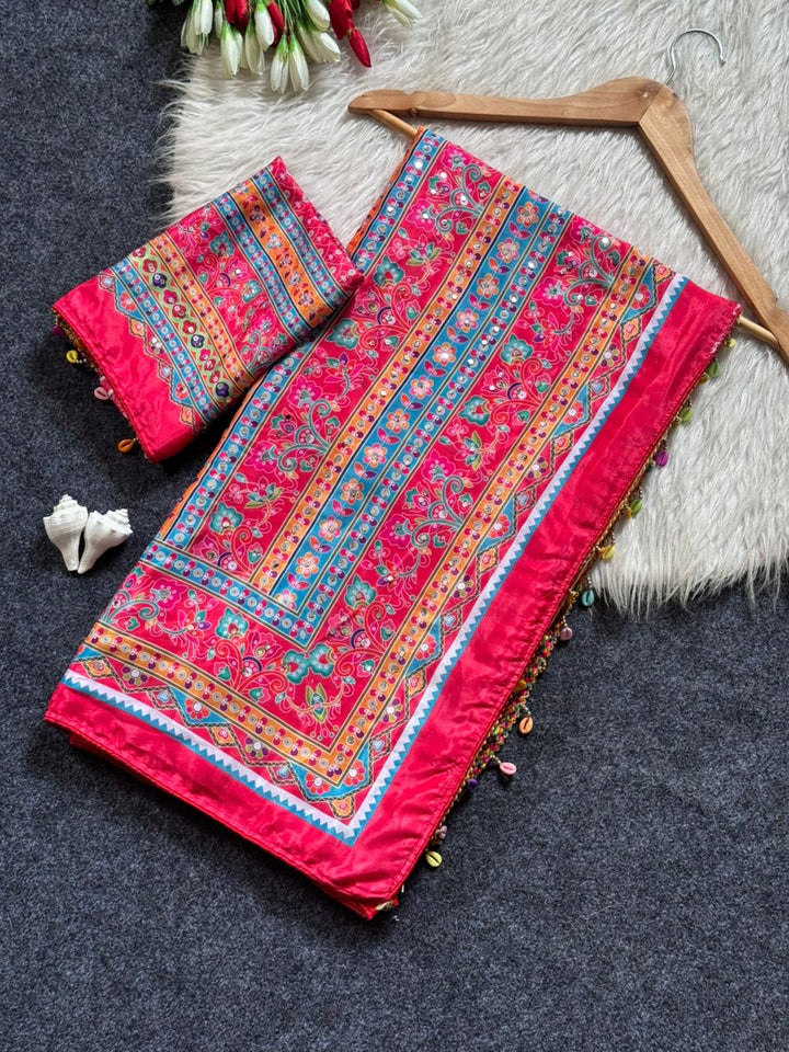 Rani Pink Mirror Work Silk Saree with Regal Ethnic Borders