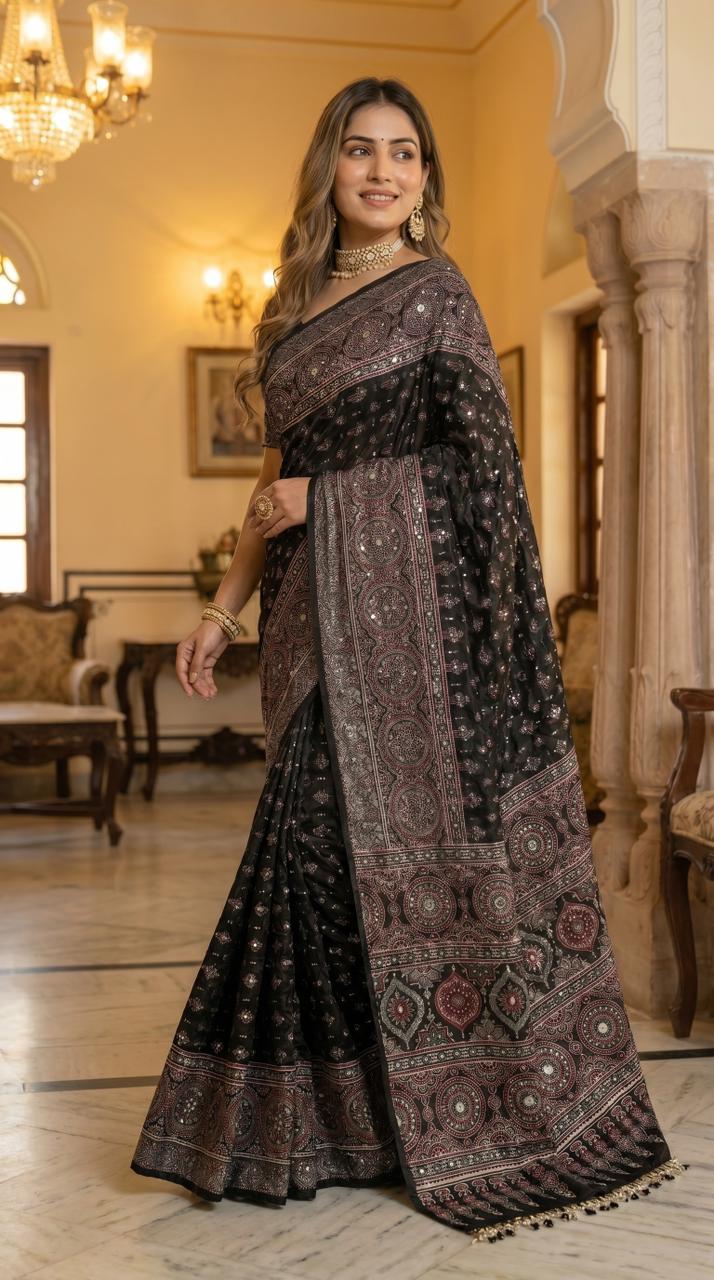 Elegant Black Soft Fox Georgette Saree with Intricate Traditional Print & Real Mirror Handwork