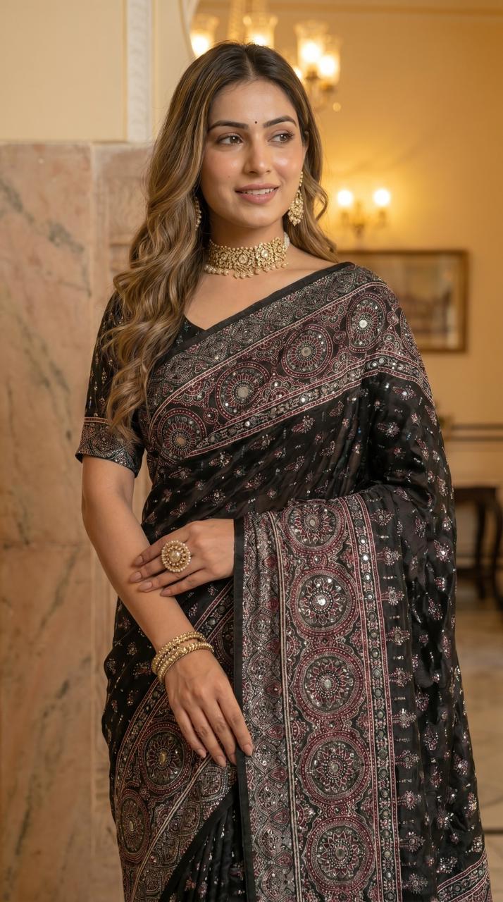 Elegant Black Soft Fox Georgette Saree with Intricate Traditional Print & Real Mirror Handwork
