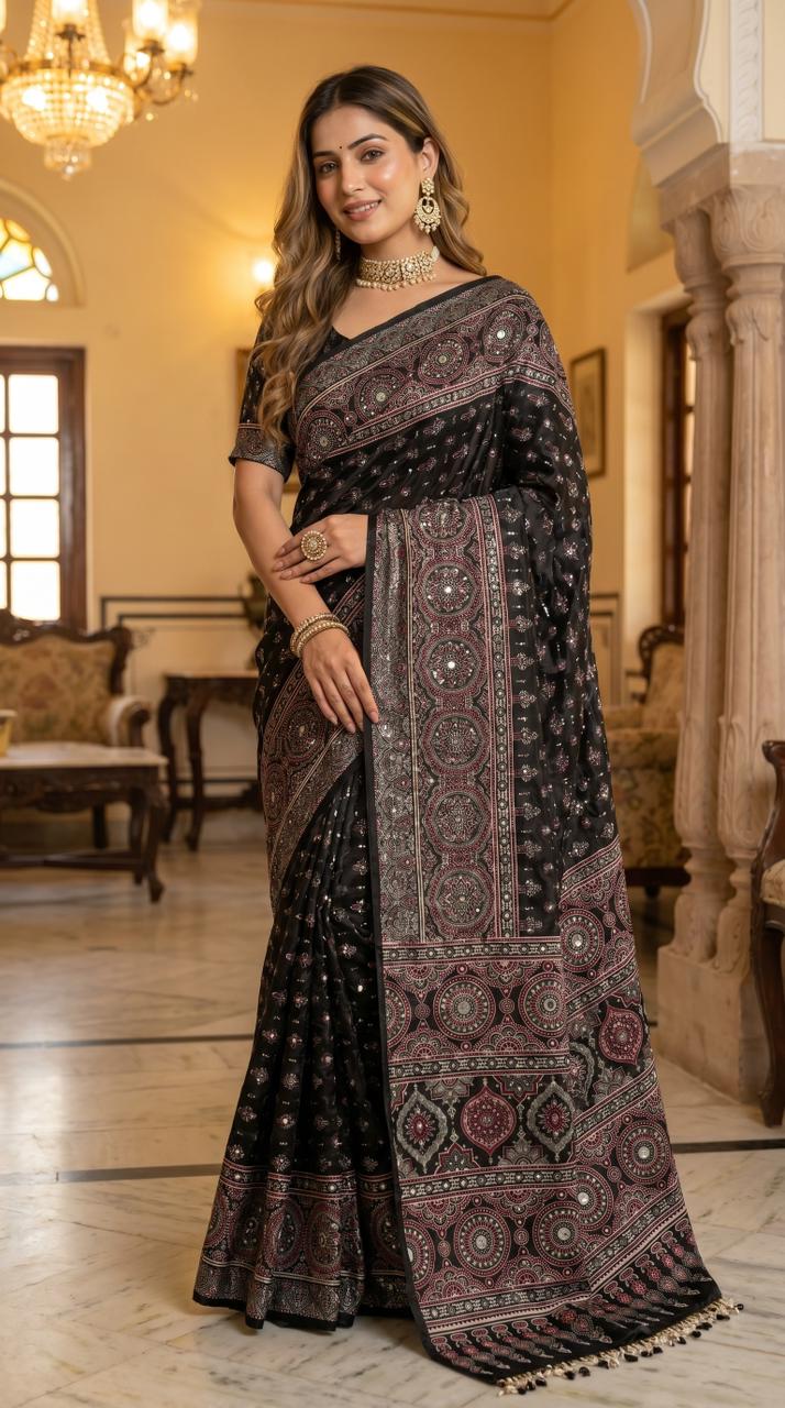Elegant Black Soft Fox Georgette Saree with Intricate Traditional Print & Real Mirror Handwork