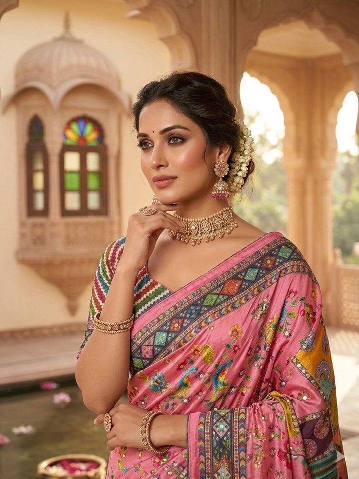 Multicolor Soft Fox Georgette Saree with Real Mirror Work & Khatli Hand Embellishments