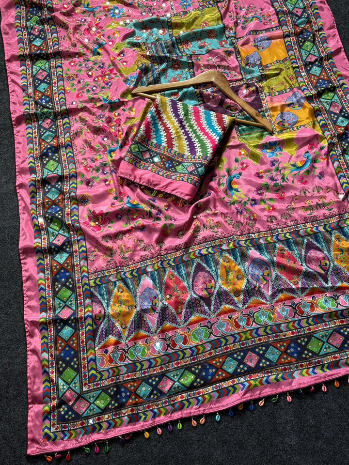Multicolor Soft Fox Georgette Saree with Real Mirror Work & Khatli Hand Embellishments