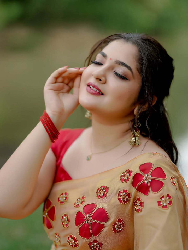 Golden Tissue Handwork Saree with Designer Floral Blouse