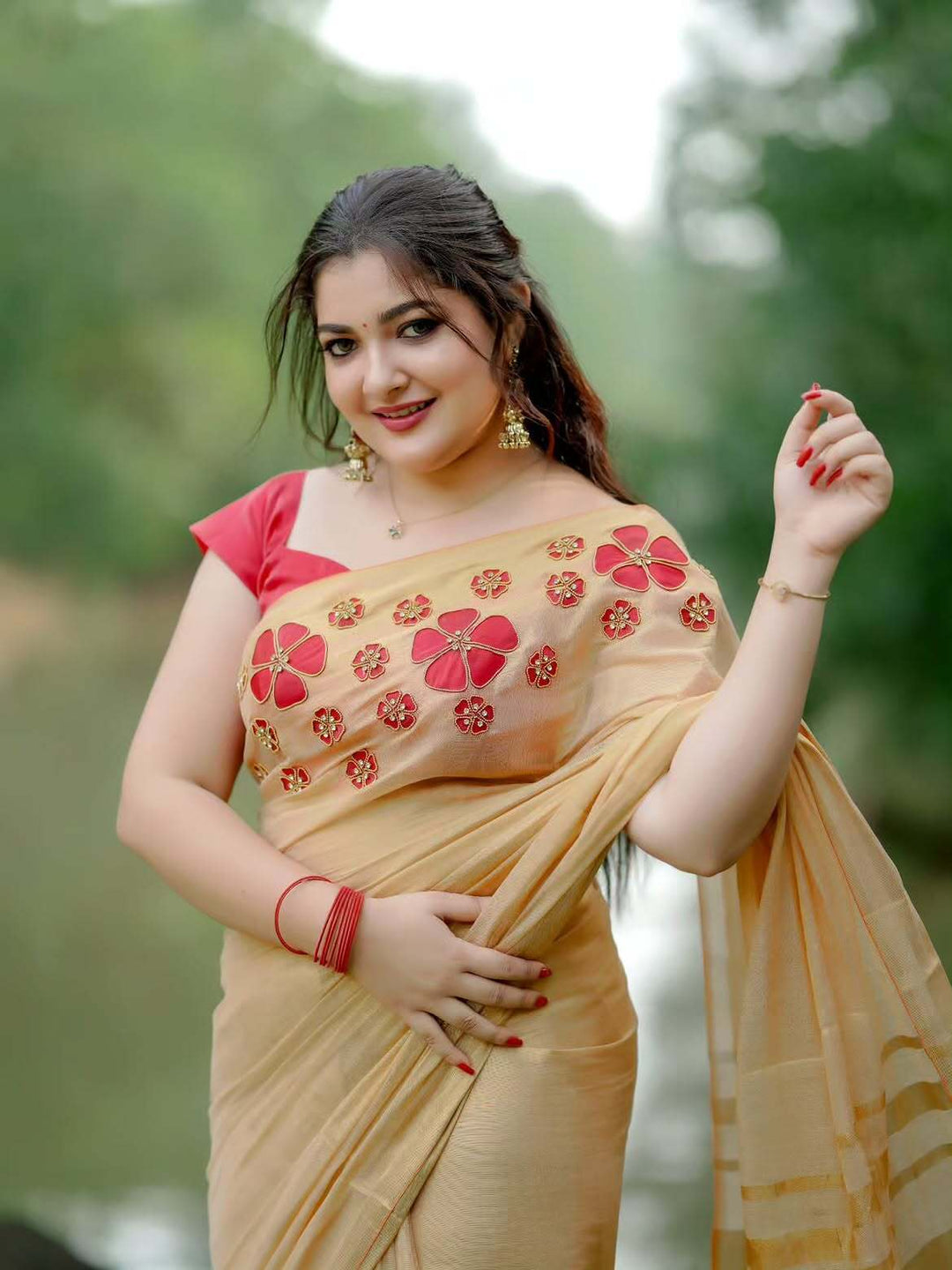 Golden Tissue Handwork Saree with Designer Floral Blouse