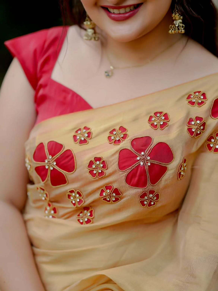 Golden Tissue Handwork Saree with Designer Floral Blouse