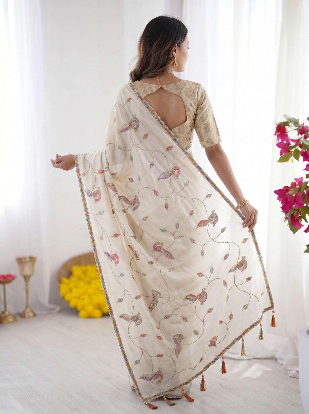 Premium Turkey Fabric Multicolor Embroidery Beeds work Saree with Designer Blouse