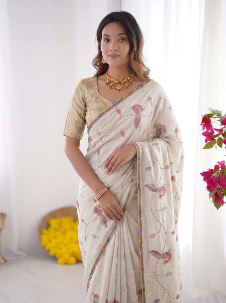 Premium Turkey Fabric Multicolor Embroidery Beeds work Saree with Designer Blouse