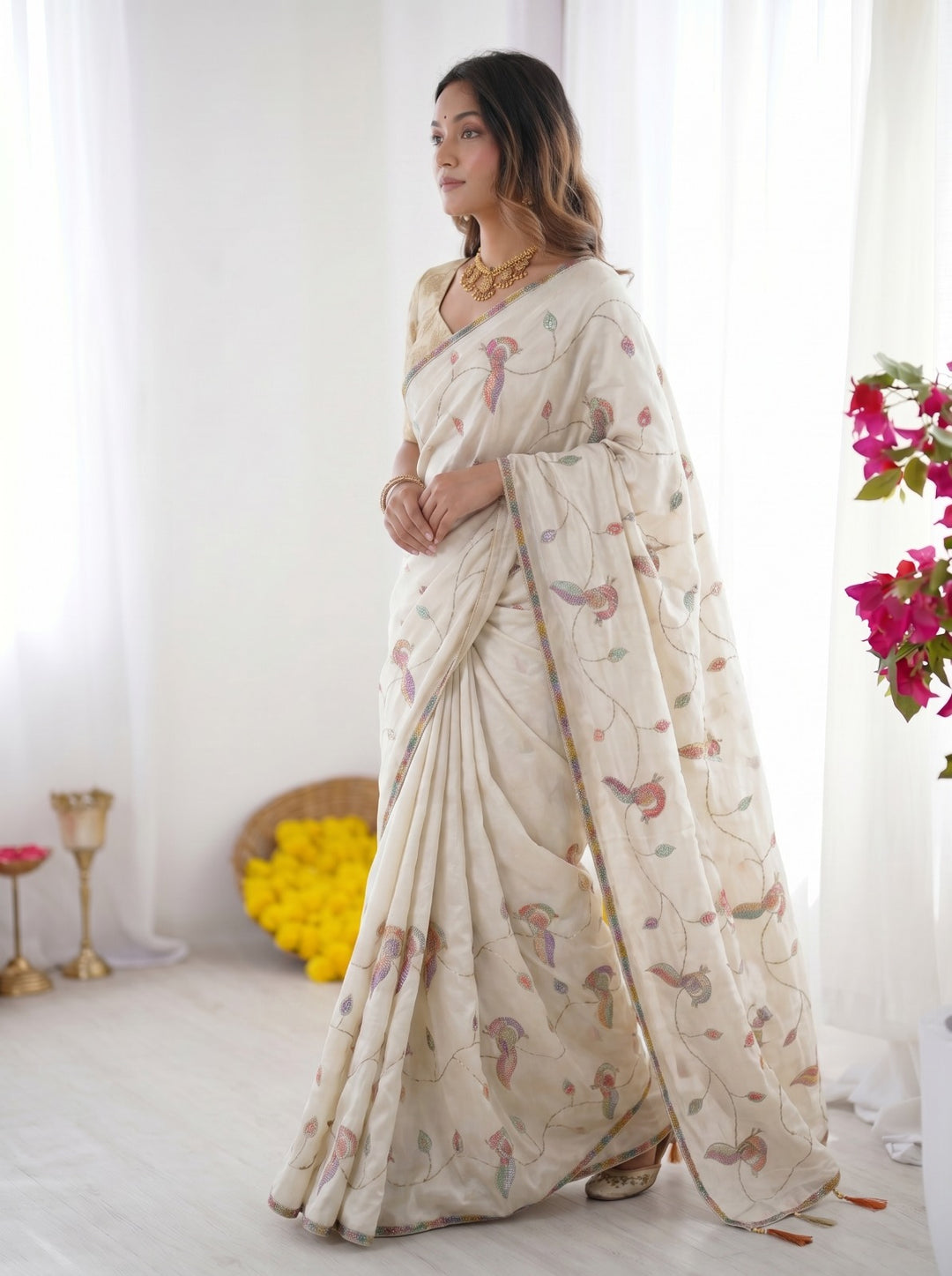 Premium Turkey Fabric Multicolor Embroidery Beeds work Saree with Designer Blouse