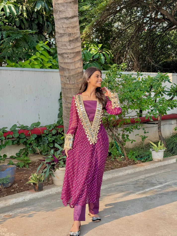 Designer Mirror Work Anarkali Suit Set for Women – Georgette Fabric | Available in Mehendi Green, Royal Blue, Black  & Wine Purple