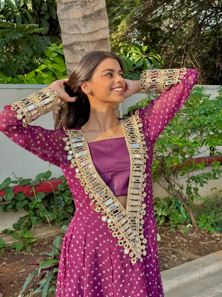 Designer Mirror Work Anarkali Suit Set for Women – Georgette Fabric | Available in Mehendi Green, Royal Blue, Black  & Wine Purple