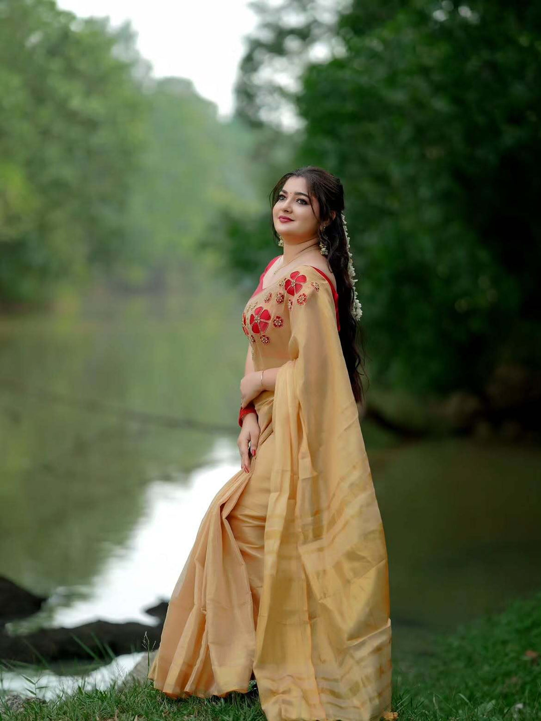 Golden Tissue Handwork Saree with Designer Floral Blouse