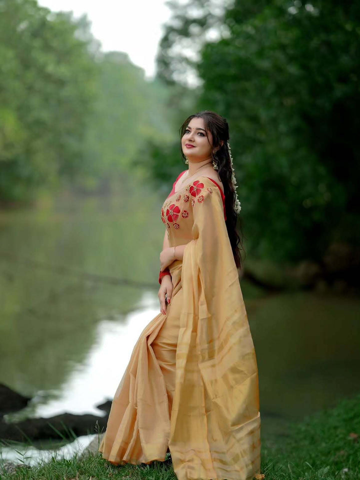 Golden Tissue Handwork Saree with Designer Floral Blouse