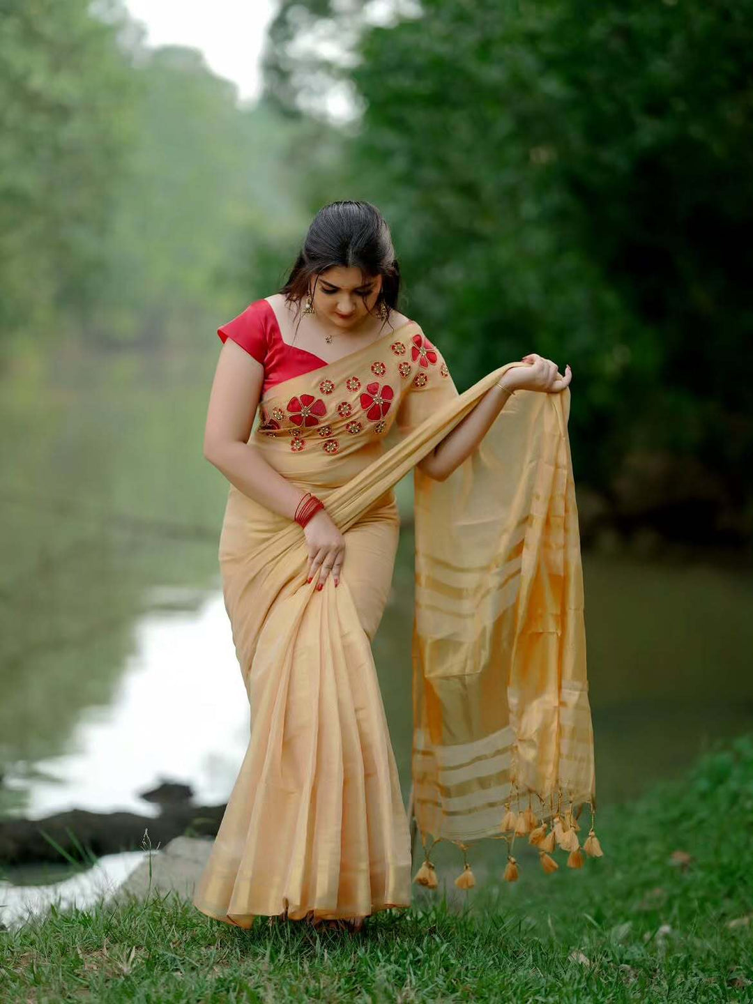 Golden Tissue Handwork Saree with Designer Floral Blouse