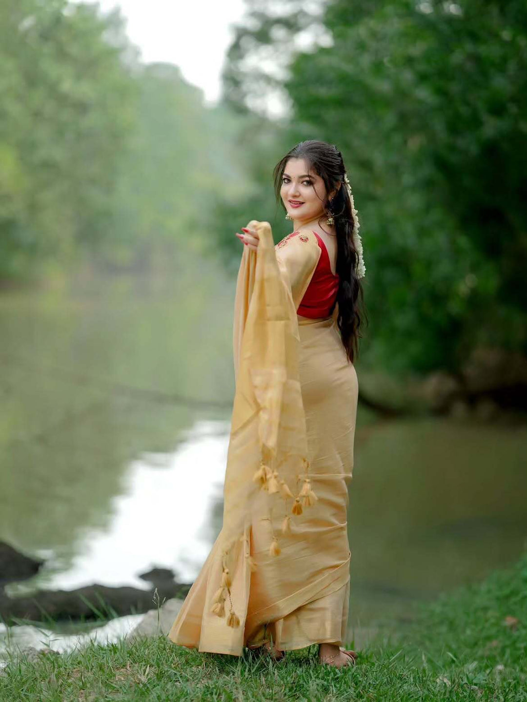 Golden Tissue Handwork Saree with Designer Floral Blouse