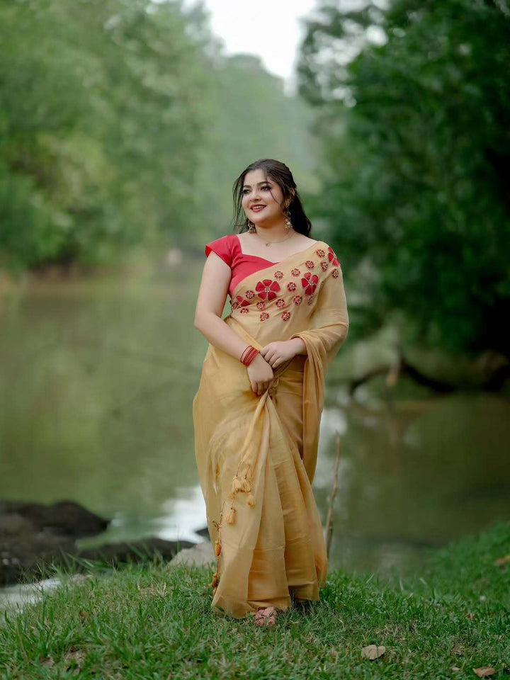 Golden Tissue Handwork Saree with Designer Floral Blouse