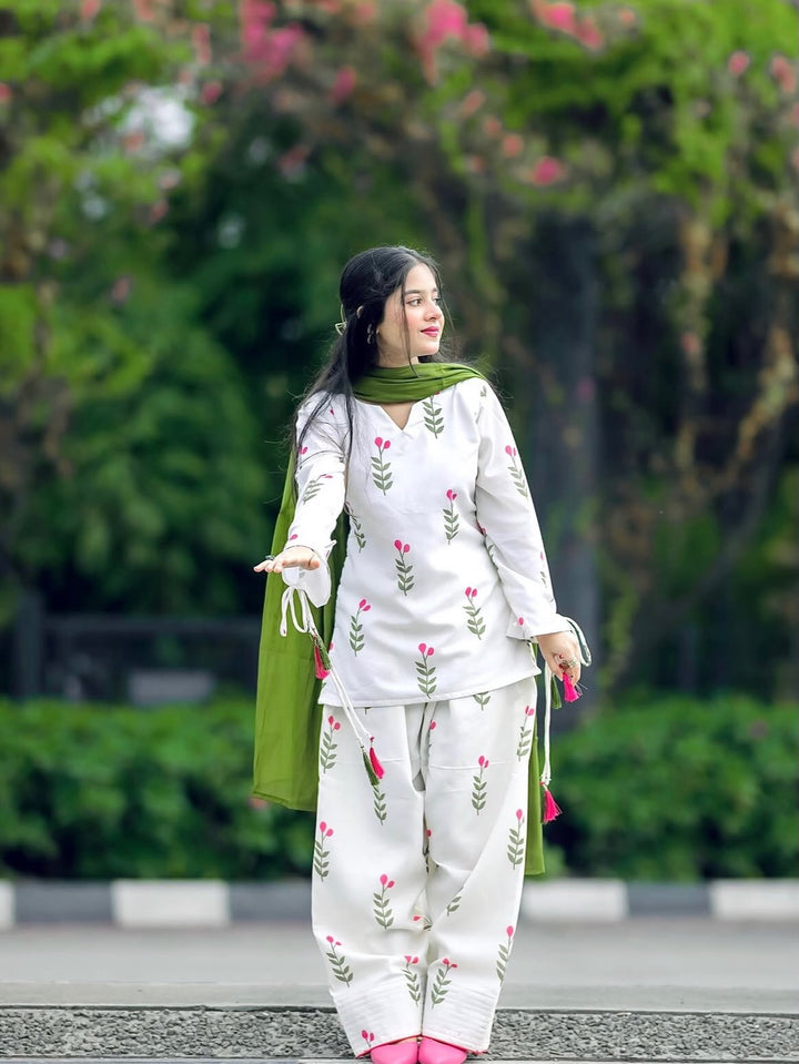 Premium Cotton Farshi Salwar Suit Set with Dupatta | White Floral Ethnic Suit for Women