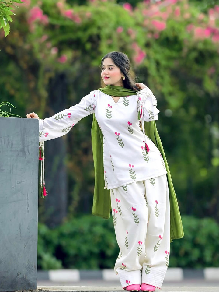 Premium Cotton Farshi Salwar Suit Set with Dupatta | White Floral Ethnic Suit for Women