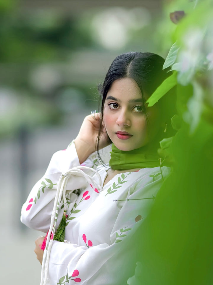 Premium Cotton Farshi Salwar Suit Set with Dupatta | White Floral Ethnic Suit for Women