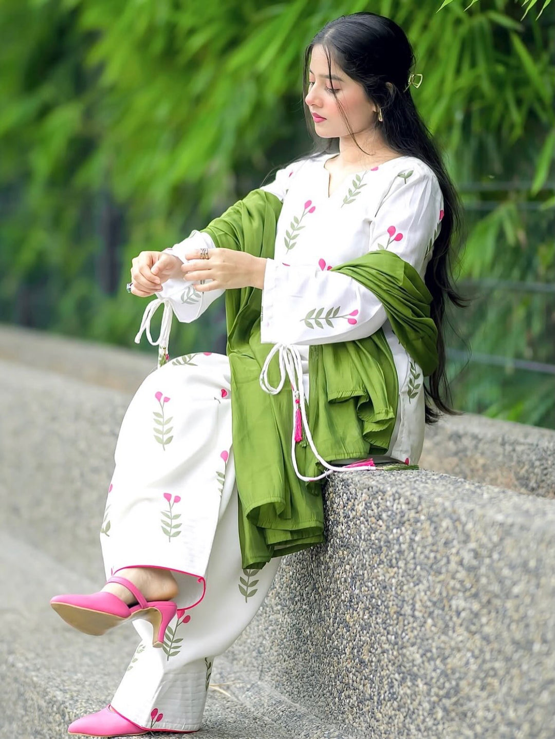 Premium Cotton Farshi Salwar Suit Set with Dupatta | White Floral Ethnic Suit for Women