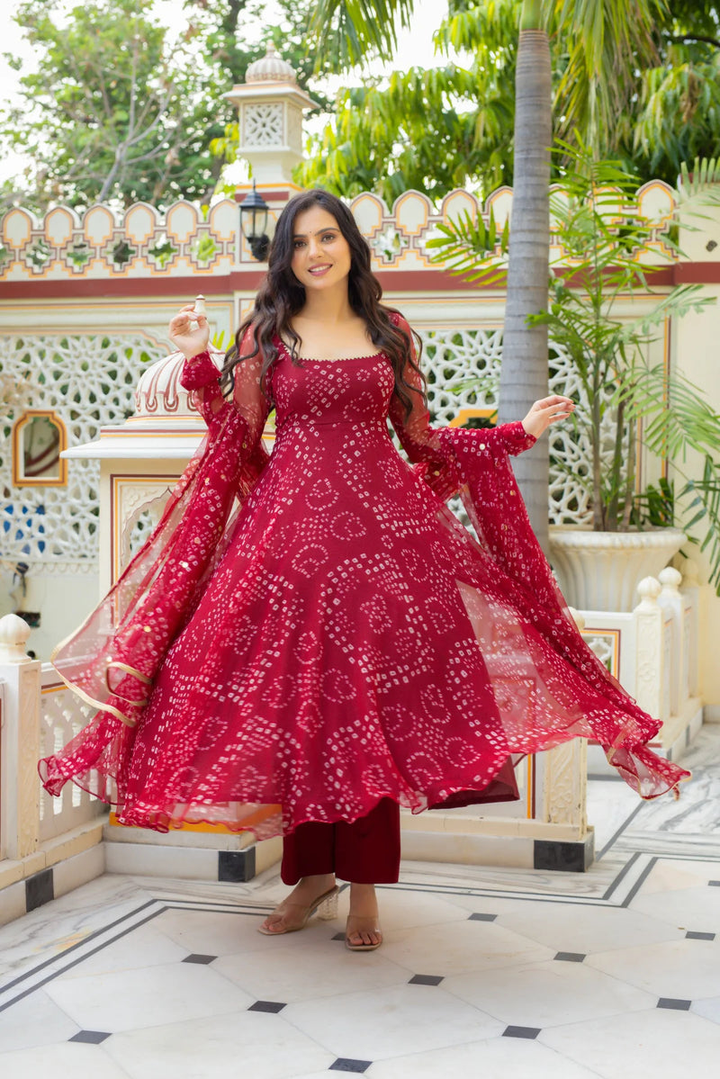 Women's Red Georgette 3-Piece Kurta Set with Lace Work & Dupatta