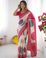 Ivory White & Rani Pink Pure Modal Silk Saree with Multicolor Mandala Print & Heritage Designer Pallu