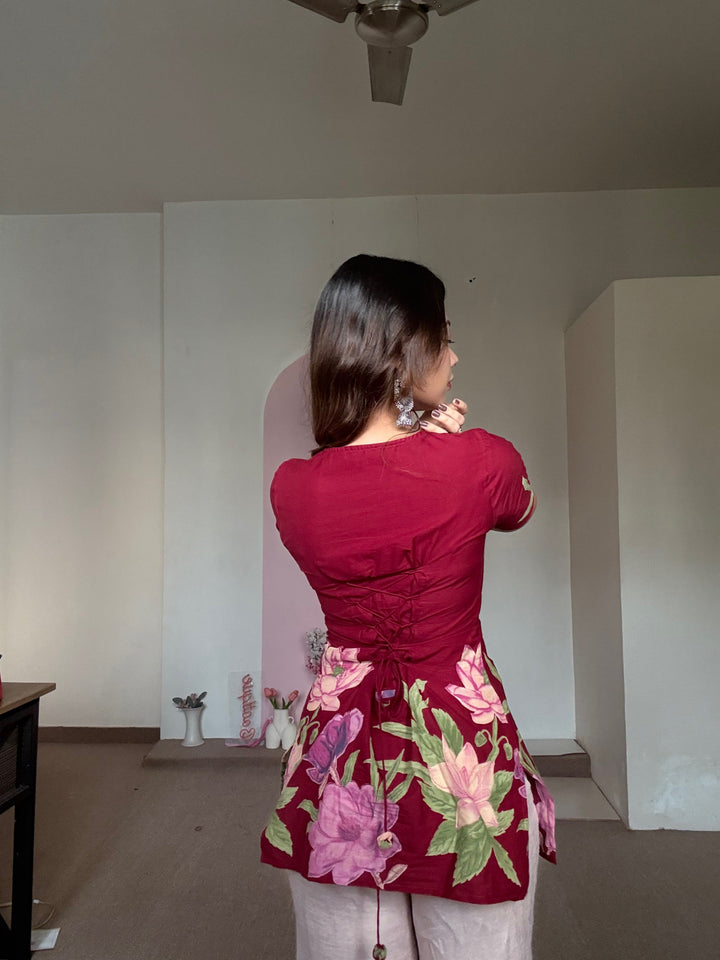 Laila Kurti – Deep Maroon Floral Pure Cotton Kurti with Soft Double Lining