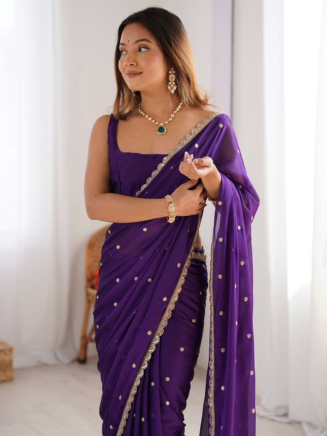 Royal Purple Georgette Saree with Golden Zari Lace Border & Sequin Work – Elegant Party & Wedding Wear