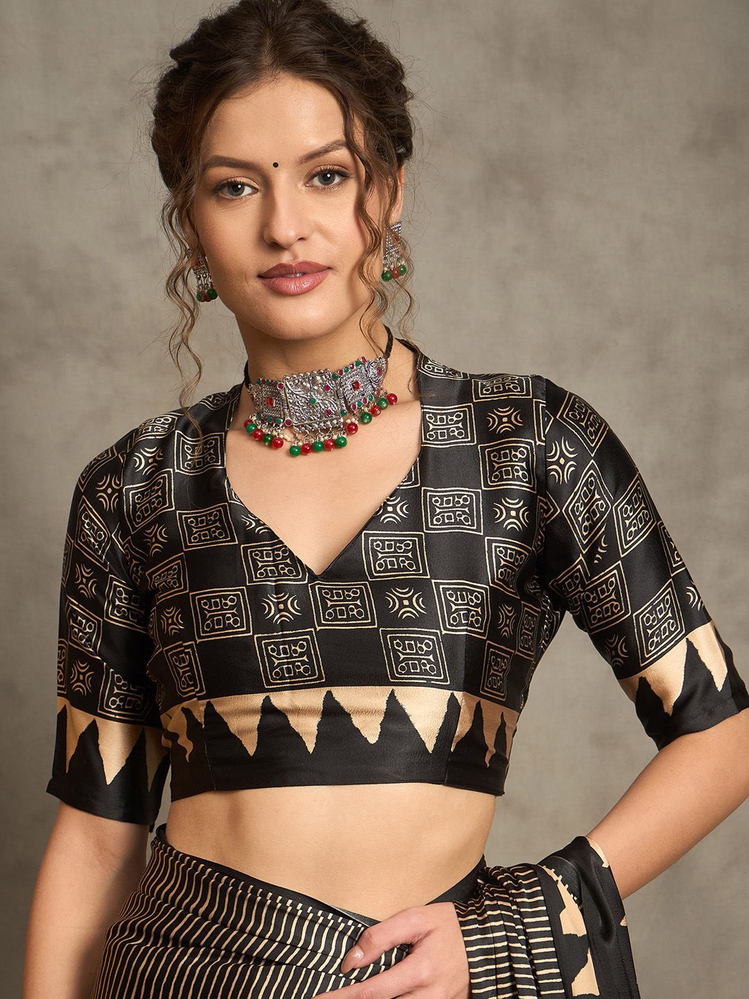 Black Gajji Silk Saree with Tribal Red Geometric Motif & Contrast Border
