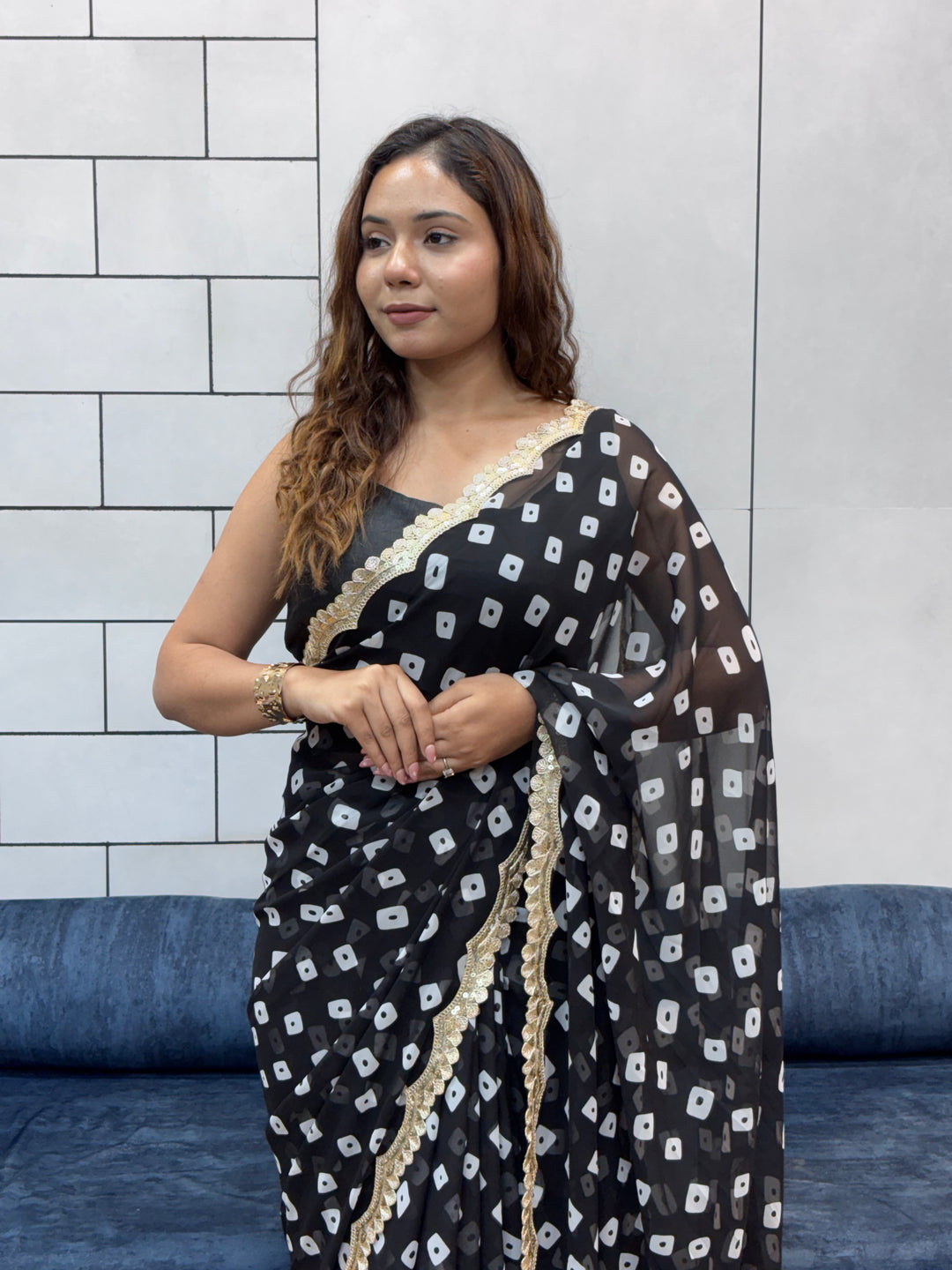 Elegant Black Bandhani Georgette Saree with embroidery Lace Border & Running Blouse