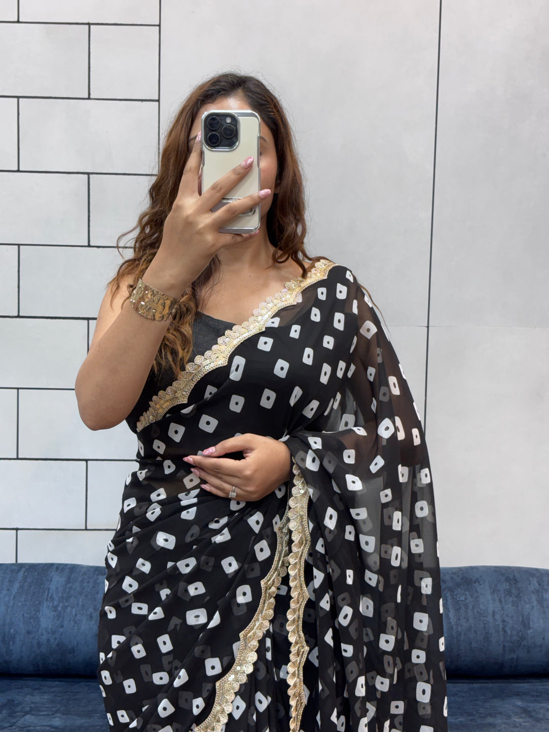 Elegant Black Bandhani Georgette Saree with embroidery Lace Border & Running Blouse