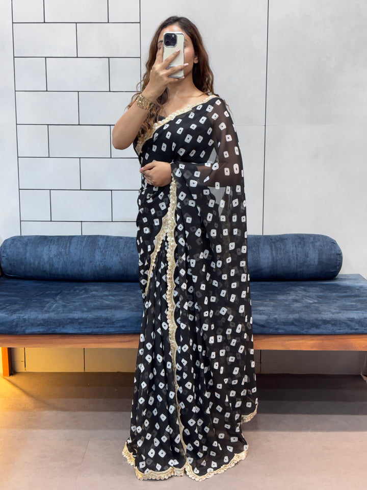 Elegant Black Bandhani Georgette Saree with embroidery Lace Border & Running Blouse