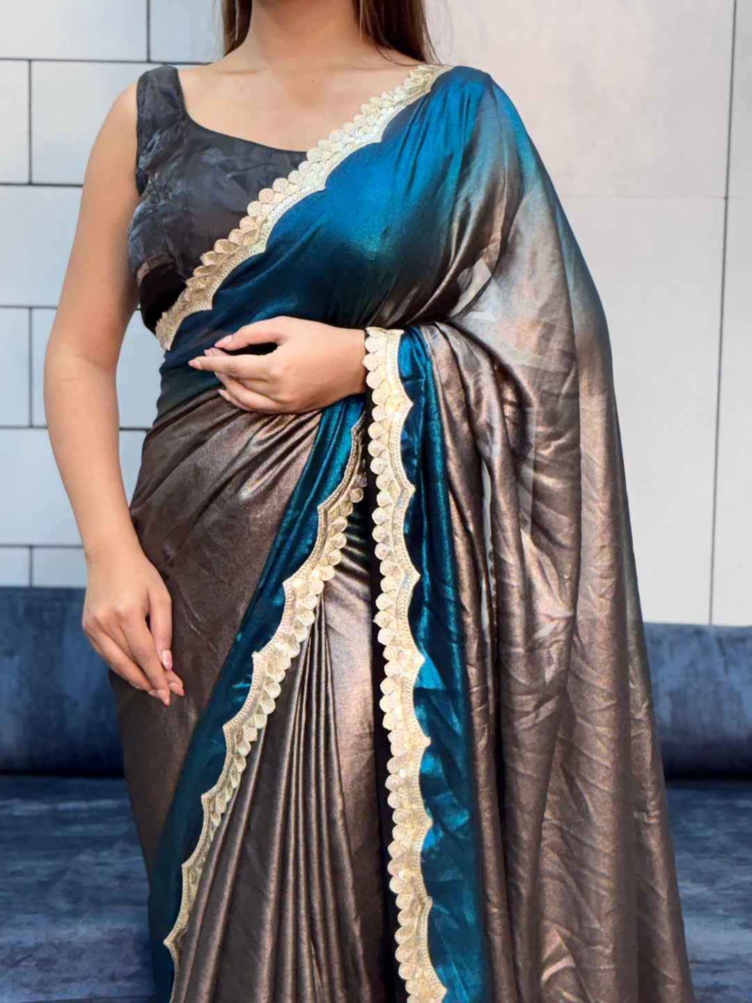Ocean Mist Royale – Rich Soft Shimmer Saree with Sabyasachi Embroidery Lace