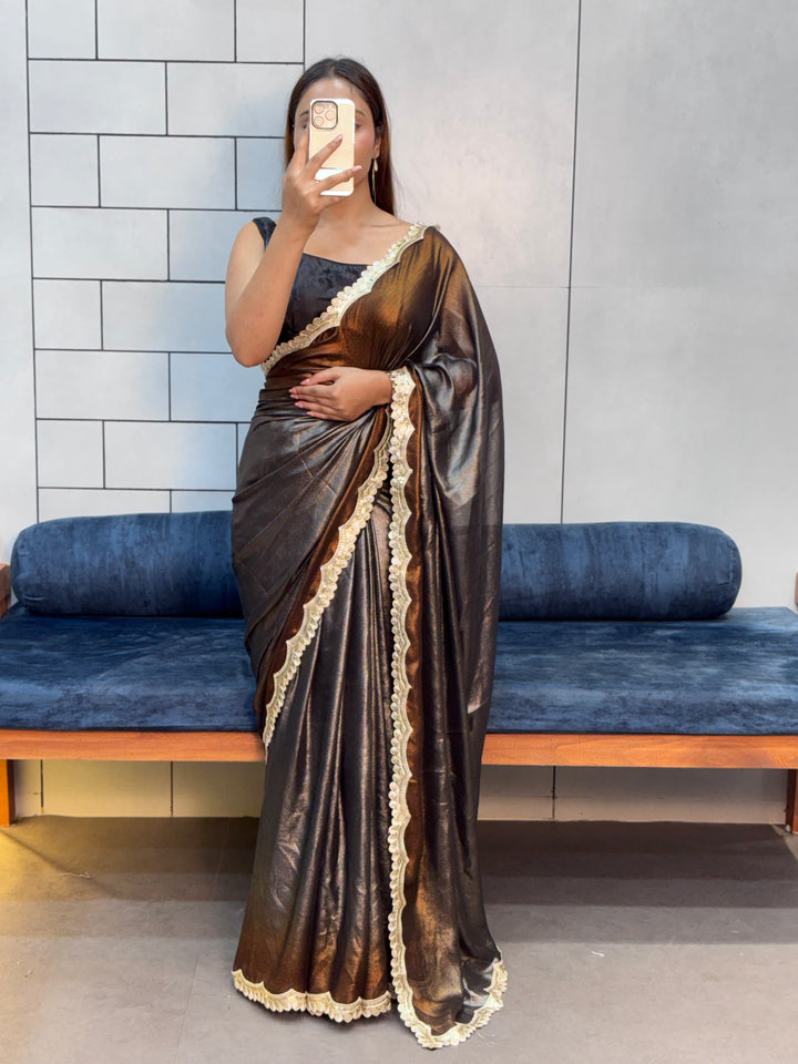 Golden Ember – Rich Soft Shimmer Saree with Sabyasachi Embroidery Lace